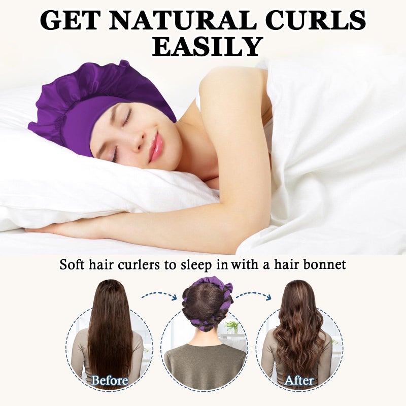 Gwabee No Heat Overnight Curls Headband to Sleep In, 70" Soft Ribbon Curl Wrap for Long Hair - 9 PCS Curling Rods Set with Bonnet, Purple - Image 2