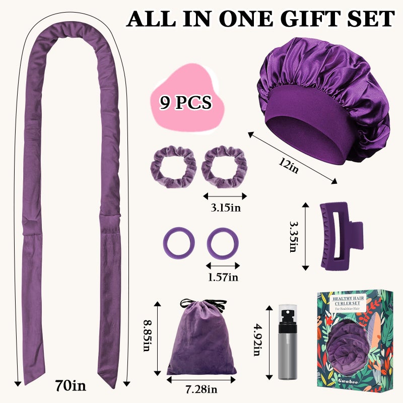 Gwabee No Heat Overnight Curls Headband to Sleep In, 70" Soft Ribbon Curl Wrap for Long Hair - 9 PCS Curling Rods Set with Bonnet, Purple - Image 5