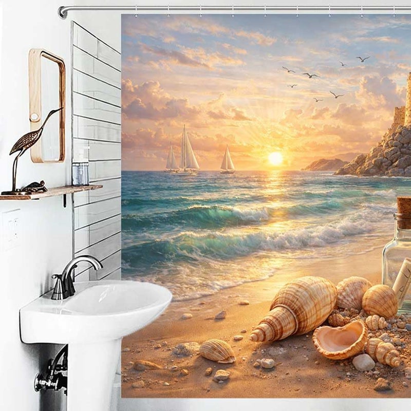 Beach with Shells, Compass, and Castle at sunsetShower Curtain for Bathroom Waterproof Tan Shower Curtain with Hooks 71 inch x 71 inch - Image 4