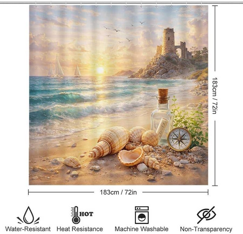Beach with Shells, Compass, and Castle at sunsetShower Curtain for Bathroom Waterproof Tan Shower Curtain with Hooks 71 inch x 71 inch - Image 3