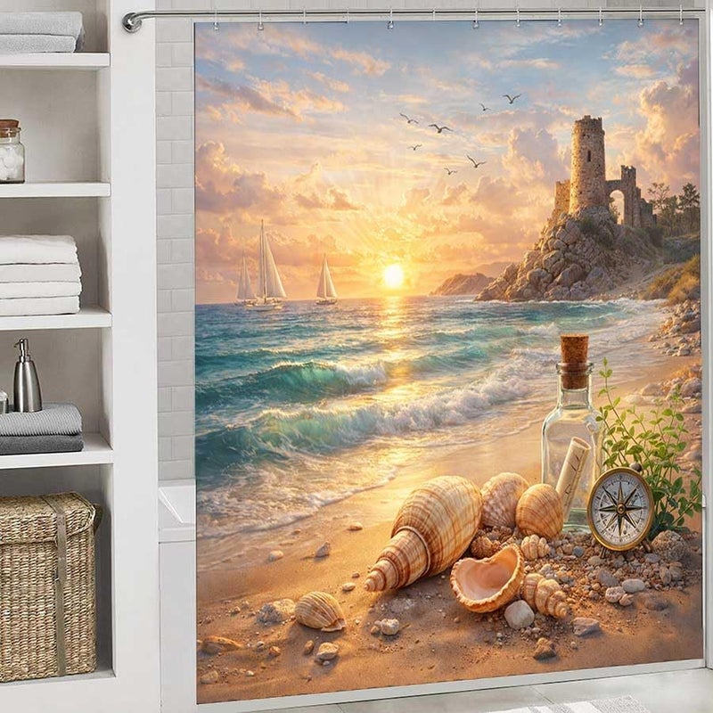 Beach with Shells, Compass, and Castle at sunsetShower Curtain for Bathroom Waterproof Tan Shower Curtain with Hooks 71 inch x 71 inch - Image 2
