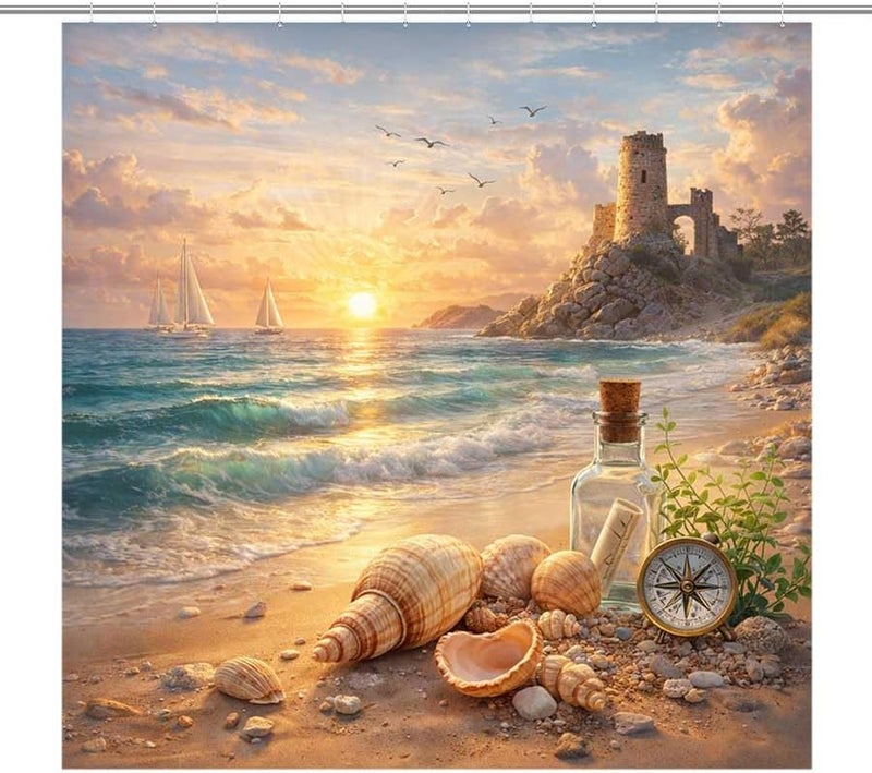 Beach with Shells, Compass, and Castle at sunsetShower Curtain for Bathroom Waterproof Tan Shower Curtain with Hooks 71 inch x 71 inch - Image 1