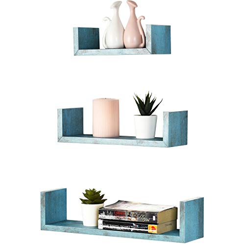 Greenco Set of 3 Floating “U” Shelves, Easy-to-Assemble Floating Wall Mount Shelves for Bedrooms and Living Rooms, Rustic Blue Finish - Image 1