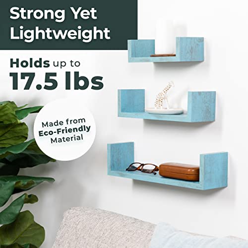 Greenco Set of 3 Floating “U” Shelves, Easy-to-Assemble Floating Wall Mount Shelves for Bedrooms and Living Rooms, Rustic Blue Finish - Image 3