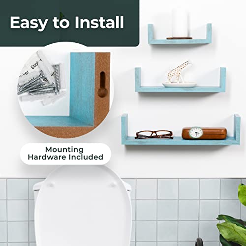 Greenco Set of 3 Floating “U” Shelves, Easy-to-Assemble Floating Wall Mount Shelves for Bedrooms and Living Rooms, Rustic Blue Finish - Image 4