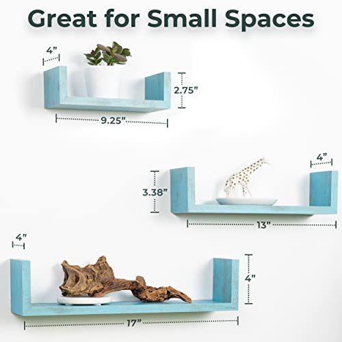 Greenco Set of 3 Floating “U” Shelves, Easy-to-Assemble Floating Wall Mount Shelves for Bedrooms and Living Rooms, Rustic Blue Finish - Image 2