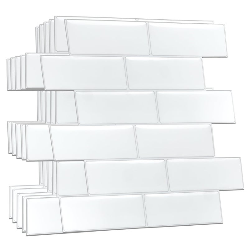 WALPLUS 3D Wall Tiles Self Adhesive Tile Stickers for Bathroom 30x15 cm12x6 Peel and Stick Kitchen Removable Stick on Wall Tiles Backsplash Splashback Pure White 20 PCS