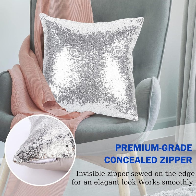 Luckam Sparkling Sequins Pillow Covers, Luxury Home Satin Throw Pillow Covers Set of 2 Hidden Zipper Pillow Case for Couch Wedding Bed Living Room Party Sofa Decor (Silver, 18"x18") - Image 3
