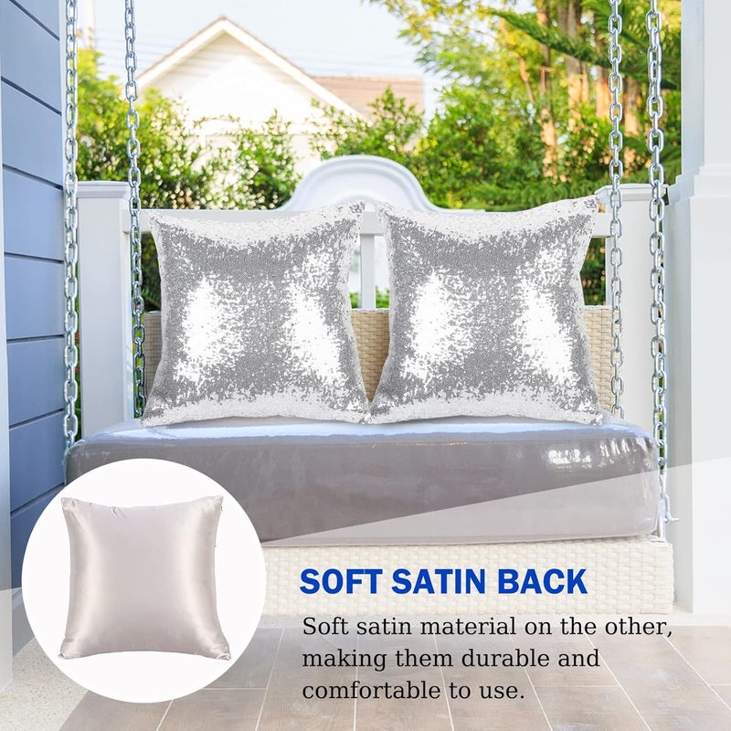 Luckam Sparkling Sequins Pillow Covers, Luxury Home Satin Throw Pillow Covers Set of 2 Hidden Zipper Pillow Case for Couch Wedding Bed Living Room Party Sofa Decor (Silver, 18"x18") - Image 4