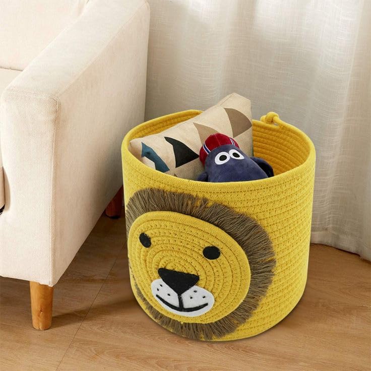 BUNAII Jute Cotton Cute LION Hand Woven basket storage basket Oraganizer Box For jewellery toys cosmetics and for multipurpose uses with cap Yellow Pack of 1 8 x 8 Inches  - Image 2