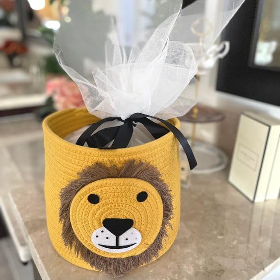BUNAII Jute Cotton Cute LION Hand Woven basket storage basket Oraganizer Box For jewellery toys cosmetics and for multipurpose uses with cap Yellow Pack of 1 8 x 8 Inches  - Image 1