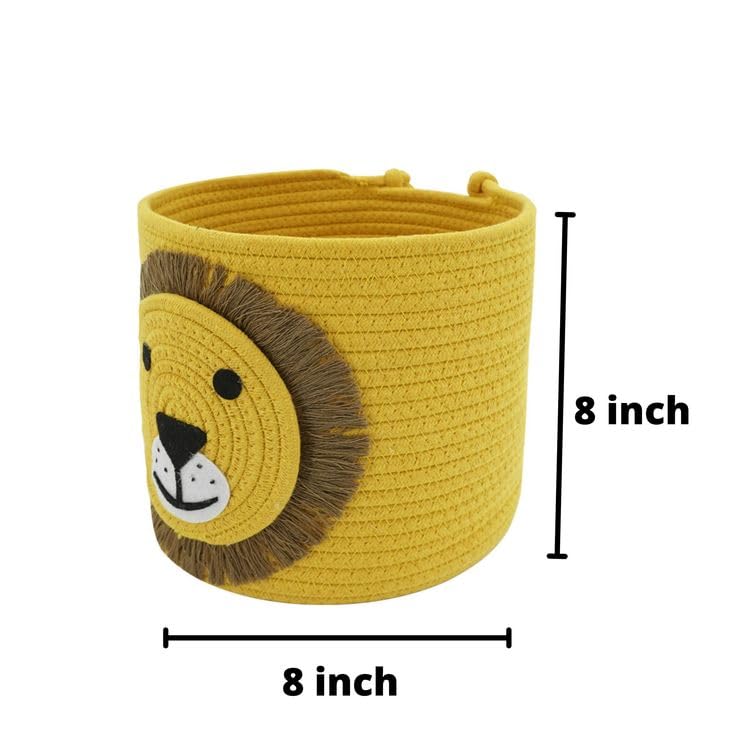 BUNAII Jute Cotton Cute LION Hand Woven basket storage basket Oraganizer Box For jewellery toys cosmetics and for multipurpose uses with cap Yellow Pack of 1 8 x 8 Inches  - Image 3