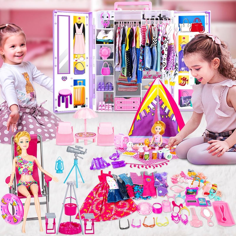TQRAZ 160+ Pcs Closet Playset, Doll Clothes and Accessories Set with 11.5 Inch Doll Camping Set, Princess Dresses, Camping Tent, Beach Swim Accessories Set Dress Up Toys for Girls Toddlers Gift - Image 2