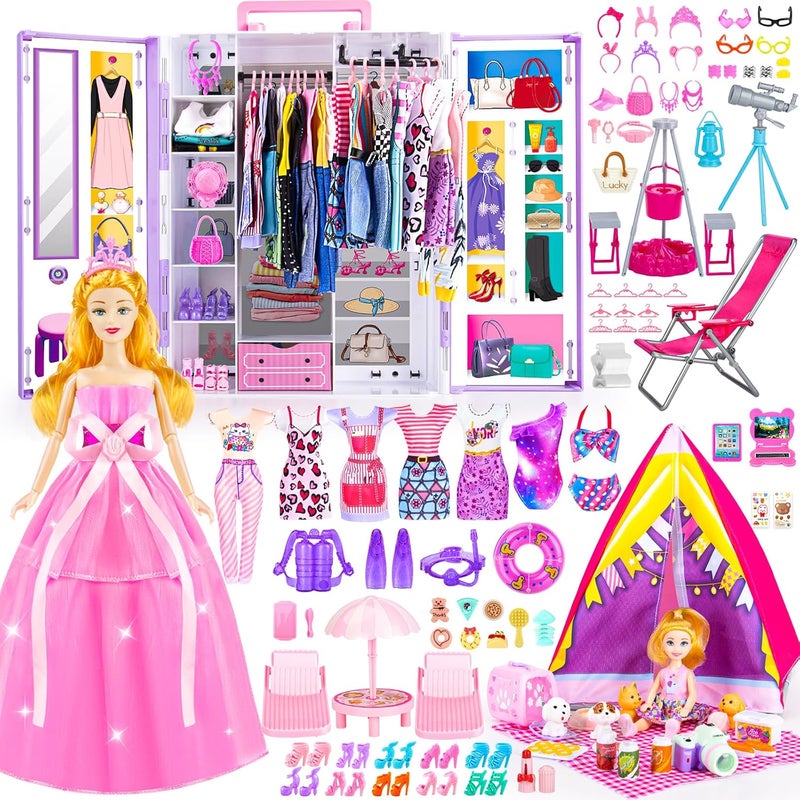 TQRAZ 160+ Pcs Closet Playset, Doll Clothes and Accessories Set with 11.5 Inch Doll Camping Set, Princess Dresses, Camping Tent, Beach Swim Accessories Set Dress Up Toys for Girls Toddlers Gift - Image 1