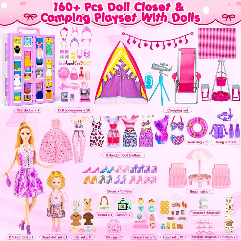 TQRAZ 160+ Pcs Closet Playset, Doll Clothes and Accessories Set with 11.5 Inch Doll Camping Set, Princess Dresses, Camping Tent, Beach Swim Accessories Set Dress Up Toys for Girls Toddlers Gift - Image 5