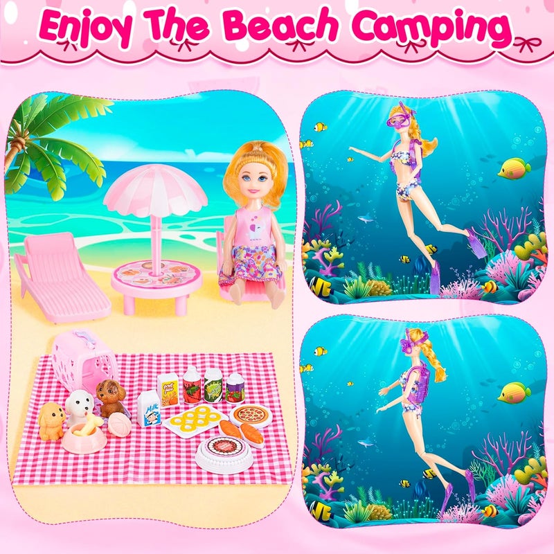 TQRAZ 160+ Pcs Closet Playset, Doll Clothes and Accessories Set with 11.5 Inch Doll Camping Set, Princess Dresses, Camping Tent, Beach Swim Accessories Set Dress Up Toys for Girls Toddlers Gift - Image 4