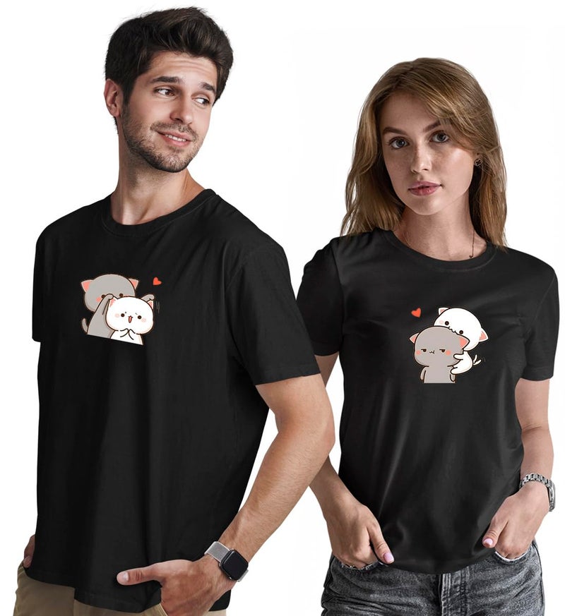 INDISSH Couple Matching T-Shirt Combo | Round Neck 100% Cotton Tshirt for Men and Women - CPL_RNM-CAT-BLK-2XL_WRN-CAT-BLK-M - Image 1