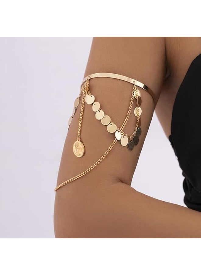 Boho Dainty Sequins Chain Tassels Upper Arm Cuff Armlet Open Cuff Wrap Bohemian Layered Coin Bracelet Arm Bangles Wedding Costume for Women - Image 2