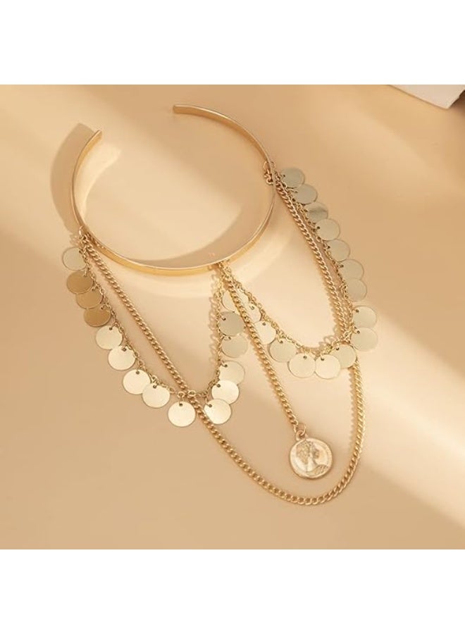 Boho Dainty Sequins Chain Tassels Upper Arm Cuff Armlet Open Cuff Wrap Bohemian Layered Coin Bracelet Arm Bangles Wedding Costume for Women - Image 5