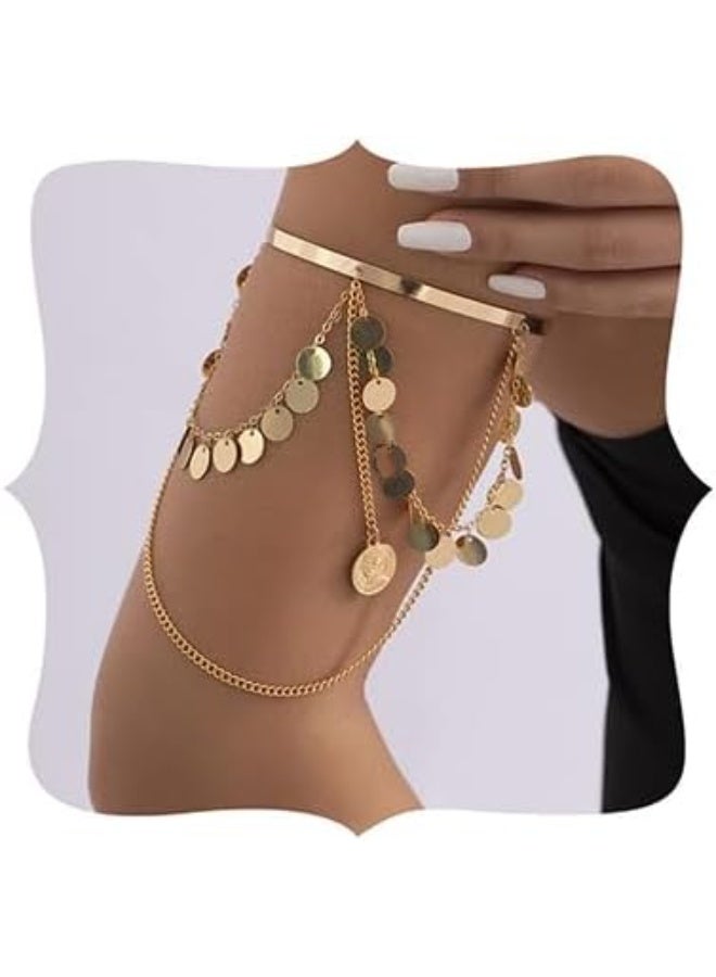 Boho Dainty Sequins Chain Tassels Upper Arm Cuff Armlet Open Cuff Wrap Bohemian Layered Coin Bracelet Arm Bangles Wedding Costume for Women - Image 1
