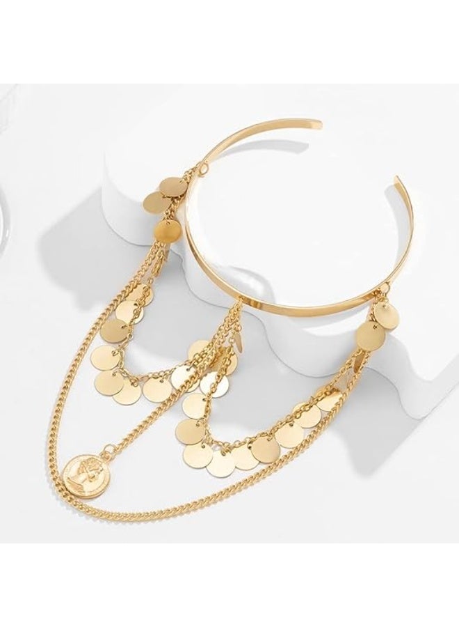 Boho Dainty Sequins Chain Tassels Upper Arm Cuff Armlet Open Cuff Wrap Bohemian Layered Coin Bracelet Arm Bangles Wedding Costume for Women - Image 4