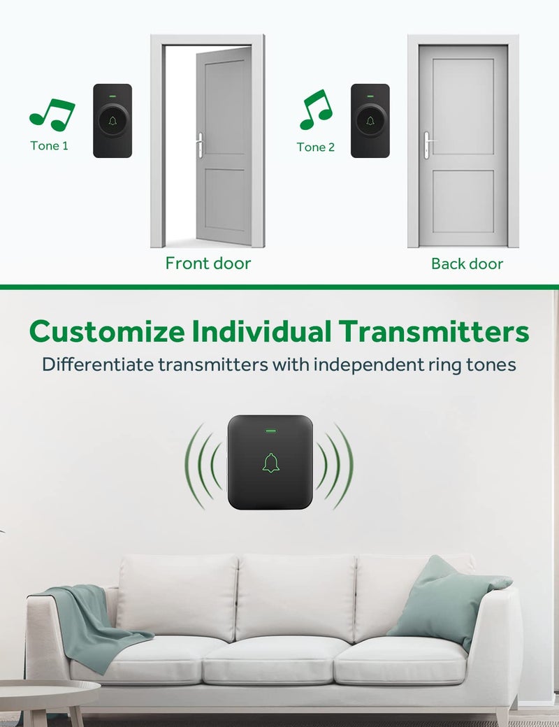 AVANTEK جرس باب لاسلكي AVANTEK، CB-21 جرس باب لاسلكي صغير مقاوم للماء يعمل على مسافة تزيد عن 1000 قدم، زران عن بُعد يمكن أن يكون لهما نغمات مختلفة، 52 لحن، صوت بجودة CD وإضاءة LED - Image 5