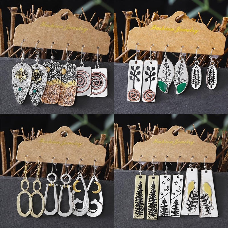 Coolkin 12 Pairs Vintage Geometric Druse Crystal Drop Dangle Earrings Ethnic Style Vintage Boho Jewelry Waterdrop Earrings Jewelry Set for Women (12 Pairs Boho-2) - Image 3
