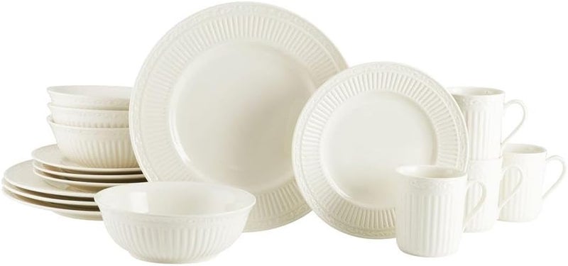 Mikasa Italian Countryside 16Piece Dinnerware Set  Classic White Porcelain with Fluted Bands Service for 4  Dinner Plates Salad Plates Bowls and Mugs Microwave  Dishwasher Safe - Image 1