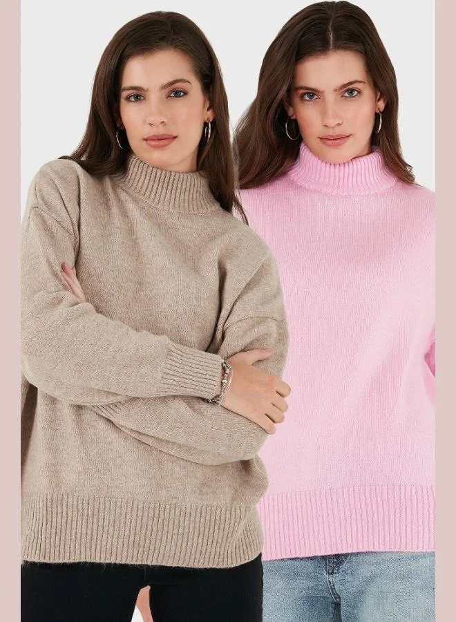 ليلا كنزة نسائية بياقة عالية مقاس كبير نسيج ناعم عبوة من قطعتين