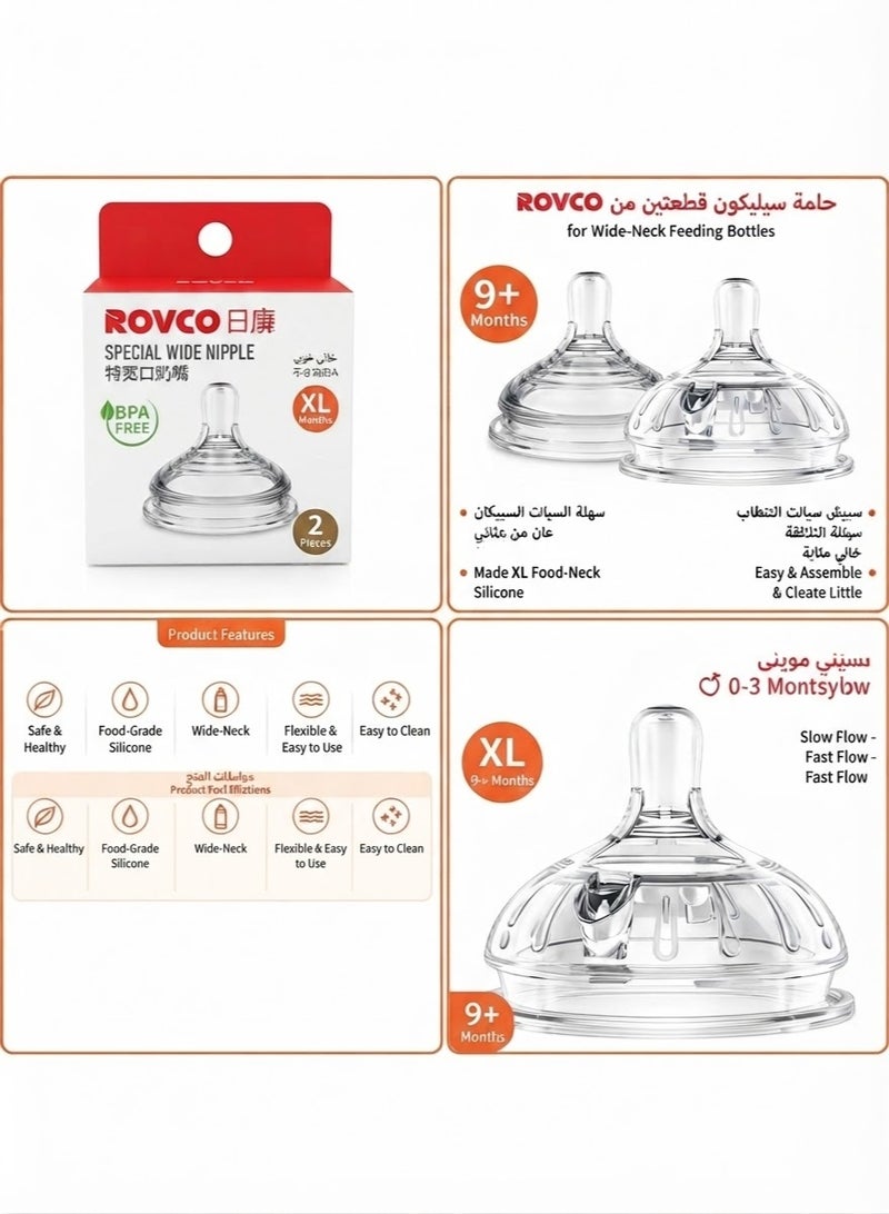 ROVCO Wide-Neck Anti-Colic & Anti-Reflux Silicone Baby Bottle Nipples, BPA-Free, 9+ Months, 2 Pieces, Clear - Image 4