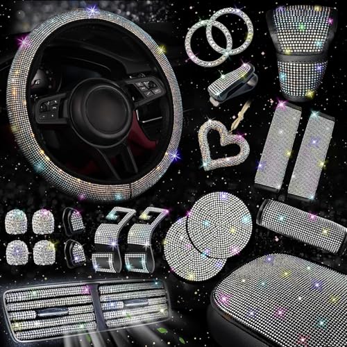 NBTEPEM 30 Pcs Multicolor Bling Car Accessories Set for Women Steering Wheel Cover Set Bling Console Cover Seat Belt Cushion Shift Knob Cushion Cup Coaster Rhinestone Car Hanging Accessories - Image 1