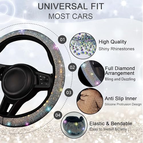 NBTEPEM 30 Pcs Multicolor Bling Car Accessories Set for Women Steering Wheel Cover Set Bling Console Cover Seat Belt Cushion Shift Knob Cushion Cup Coaster Rhinestone Car Hanging Accessories - Image 3