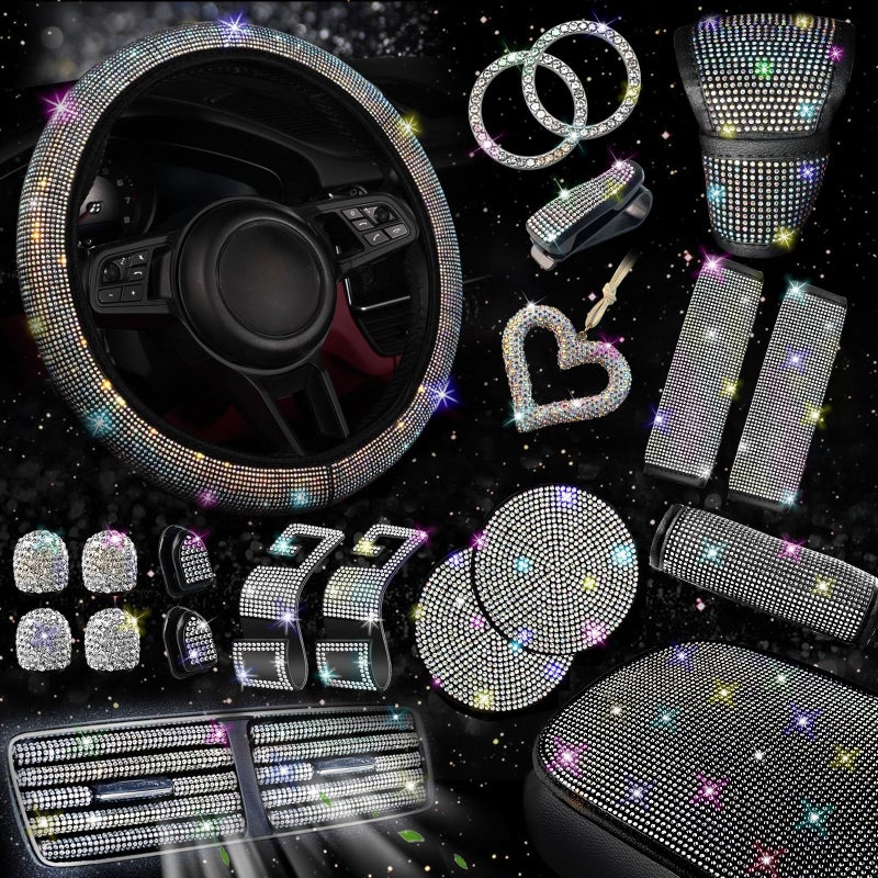 NBTEPEM 30 Pcs Multicolor Bling Car Accessories Set for Women Steering Wheel Cover Set Bling Console Cover Seat Belt Cushion Shift Knob Cushion Cup Coaster Rhinestone Car Hanging Accessories - Image 2