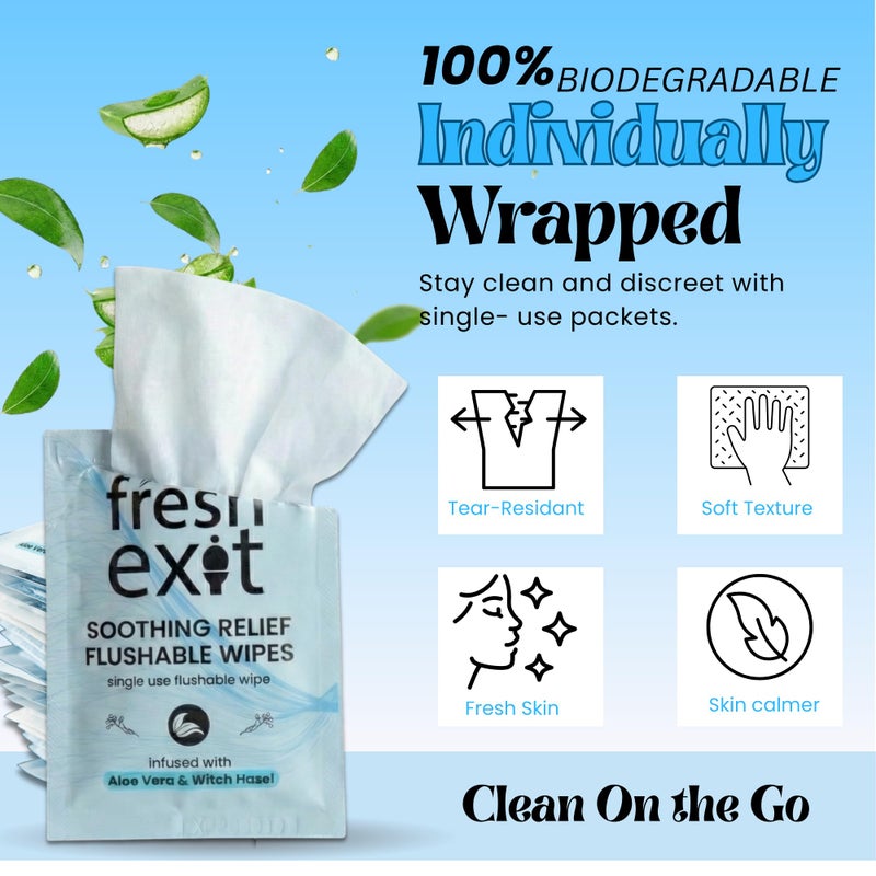 FreshExit Flushable Hemorrhoid Wipes â€“ 36 Count â€“ Individually Wrapped with Witch Hazel & Aloe Vera, Large Discreet Travel Wipes for Adults, Soothing & Gentle on Skin - Image 3