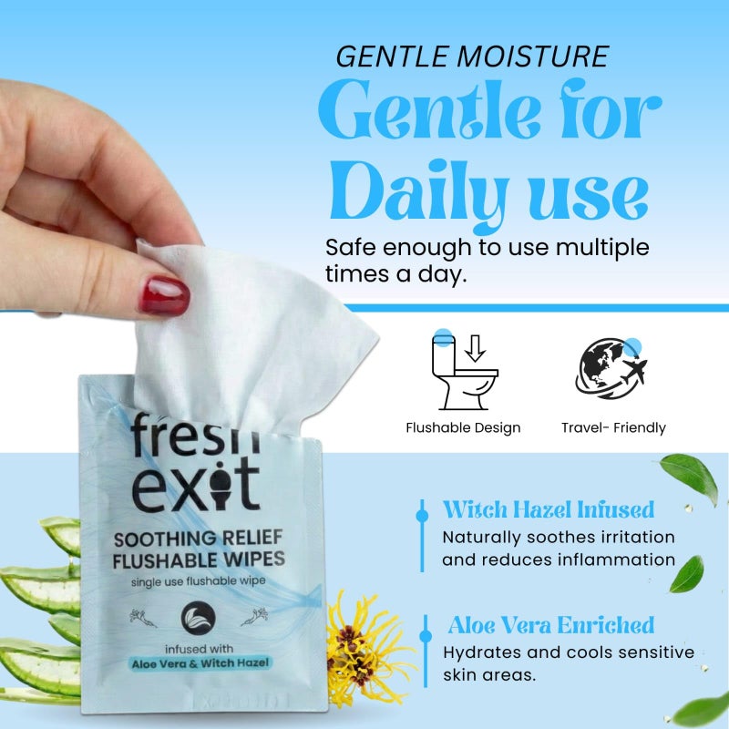 FreshExit Flushable Hemorrhoid Wipes â€“ 36 Count â€“ Individually Wrapped with Witch Hazel & Aloe Vera, Large Discreet Travel Wipes for Adults, Soothing & Gentle on Skin - Image 4