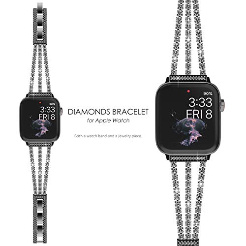 NewWays Compatible for Apple Watch Band 42mm Series 11 10 9 8 7 41mm 40mm SE Series 6 5 4 3 38mm Sparkling Bling Shiny Diamonds Bracelet for iWatch Band Womens Black - Image 3