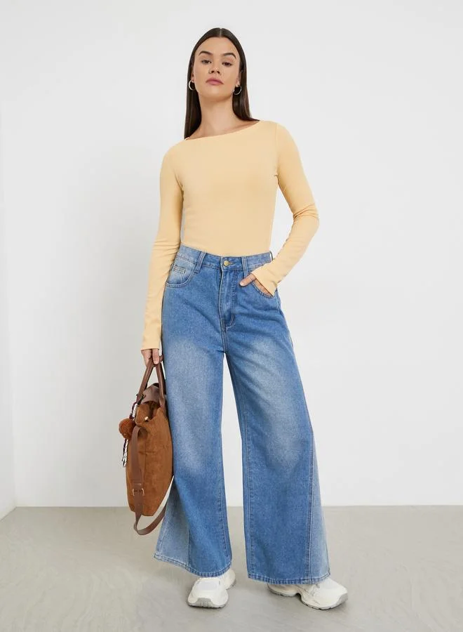 Styli Beige Ribbed Knit Boat Neck Top