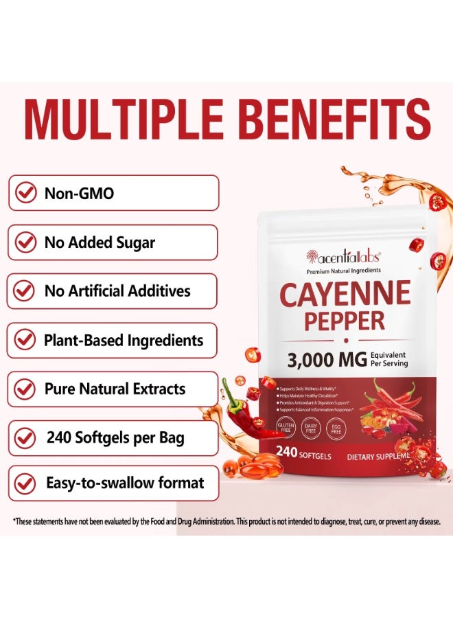 Acentiallabs 240Pcs Cayenne Pepper Capsules 3000mg Per Serving, 240 Softgels Cayenne Pepper Softgels Supplement with Vitamins E D3 K2, Supports Healthy Circulation & Daily Energy - Image 4