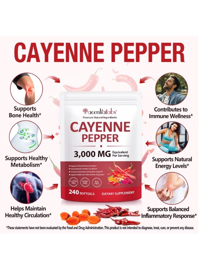 Acentiallabs 240Pcs Cayenne Pepper Capsules 3000mg Per Serving, 240 Softgels Cayenne Pepper Softgels Supplement with Vitamins E D3 K2, Supports Healthy Circulation & Daily Energy - Image 3