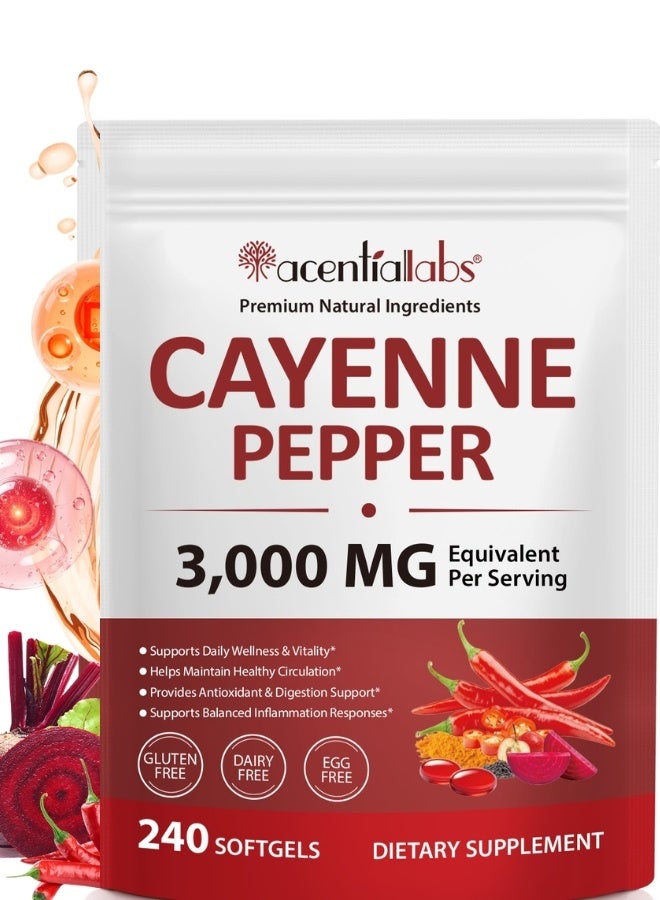 Acentiallabs 240Pcs Cayenne Pepper Capsules 3000mg Per Serving, 240 Softgels Cayenne Pepper Softgels Supplement with Vitamins E D3 K2, Supports Healthy Circulation & Daily Energy - Image 1