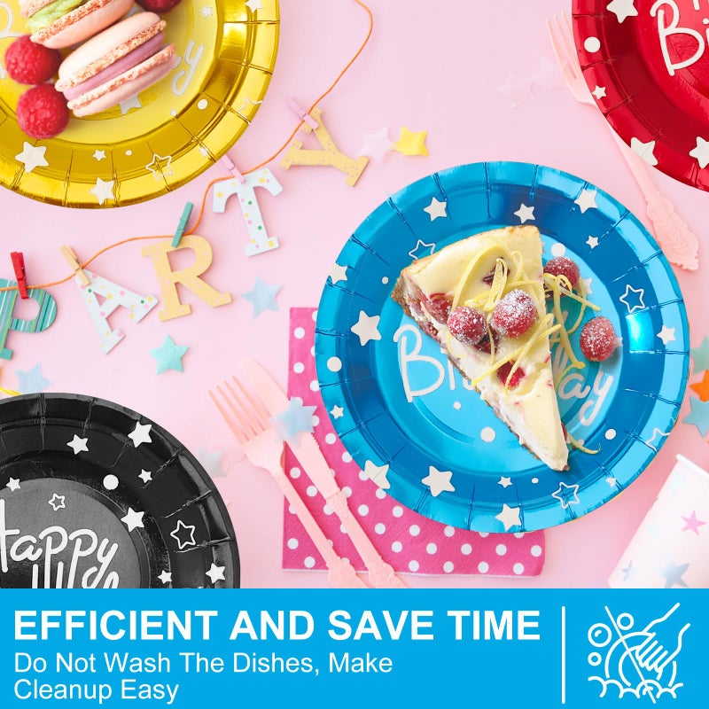 CENLBJ Happy Birthday Party Paper Plates, Colorful Dessert Plates, 7 INCH 50 PCS Party Supplie,Five Colors Foil Polka Dots for Birthday Decorations - Image 3