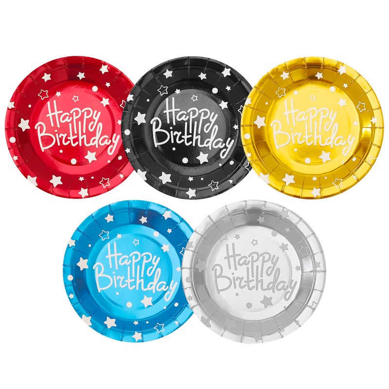 CENLBJ Happy Birthday Party Paper Plates, Colorful Dessert Plates, 7 INCH 50 PCS Party Supplie,Five Colors Foil Polka Dots for Birthday Decorations - Image 1