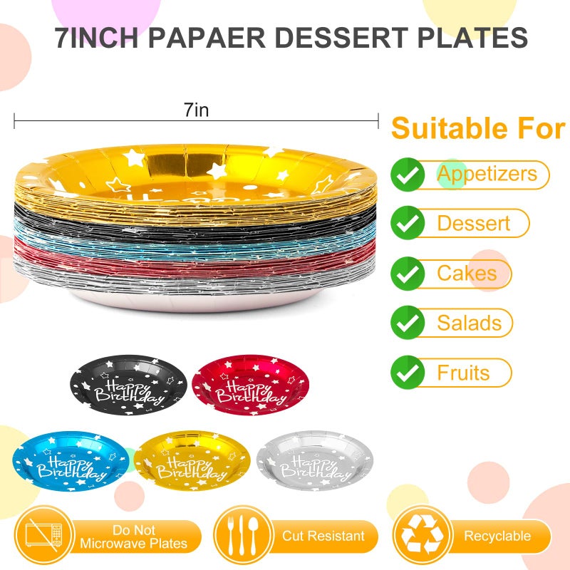 CENLBJ Happy Birthday Party Paper Plates, Colorful Dessert Plates, 7 INCH 50 PCS Party Supplie,Five Colors Foil Polka Dots for Birthday Decorations - Image 2