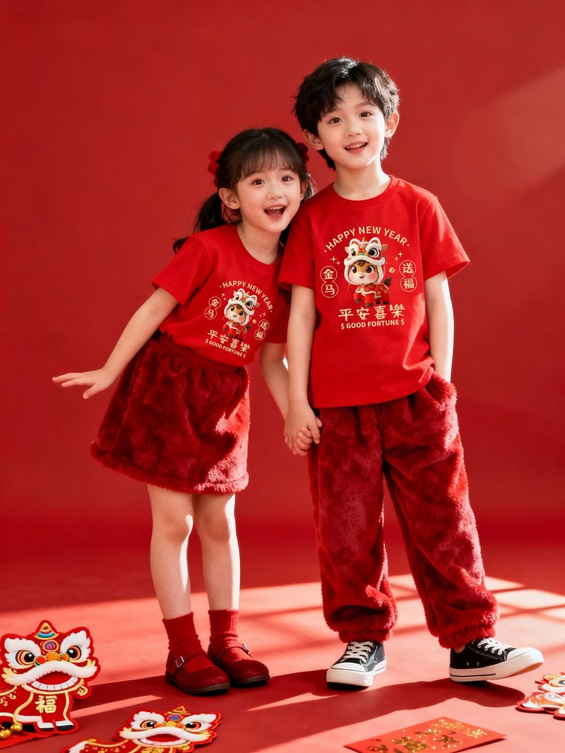 2026 Year Of The Horse Baby'S Zodiac Year Red Pure Cotton Short-Sleeved T-Shirt Children'S Festive New Year Greeting Outfit Activity Clothing - Image 2