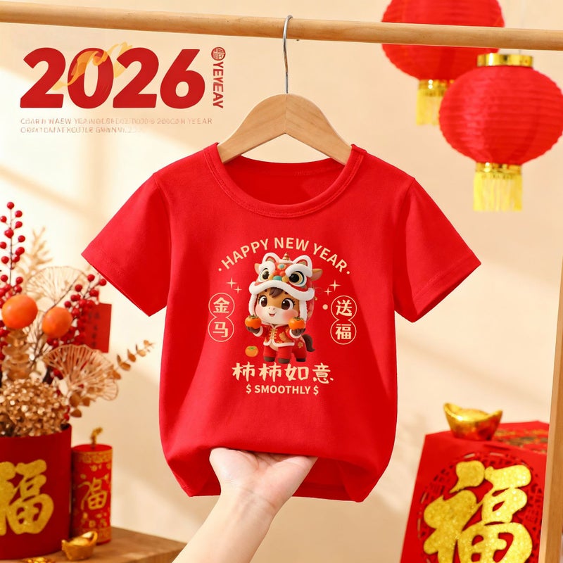 2026 Year Of The Horse Baby'S Zodiac Year Red Pure Cotton Short-Sleeved T-Shirt Children'S Festive New Year Greeting Outfit Activity Clothing - Image 1