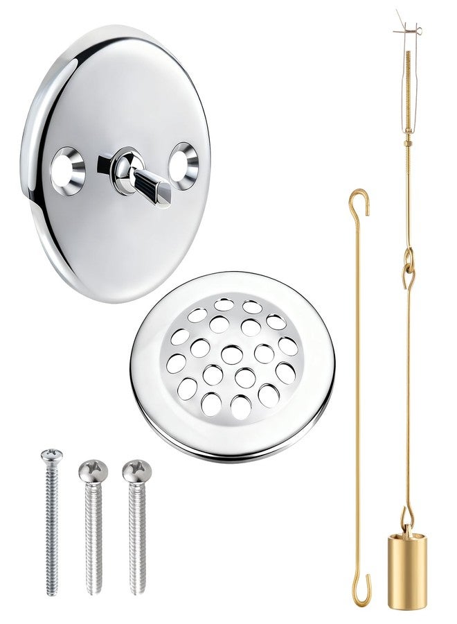 Coolfell Bathtub Drain Linkage Replacement with Trip Lever Linkage and Faceplate, Strainer Cover, Tub Drain Kit for Trip Lever Bath Tub Waste and Overflow Drain, Chrome - Image 1