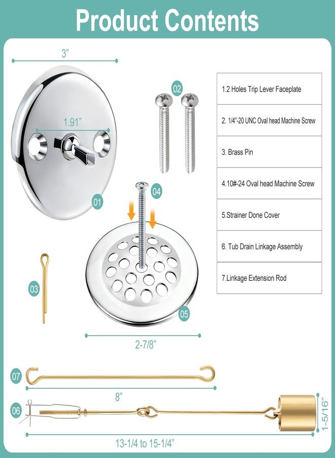Coolfell Bathtub Drain Linkage Replacement with Trip Lever Linkage and Faceplate, Strainer Cover, Tub Drain Kit for Trip Lever Bath Tub Waste and Overflow Drain, Chrome - Image 2