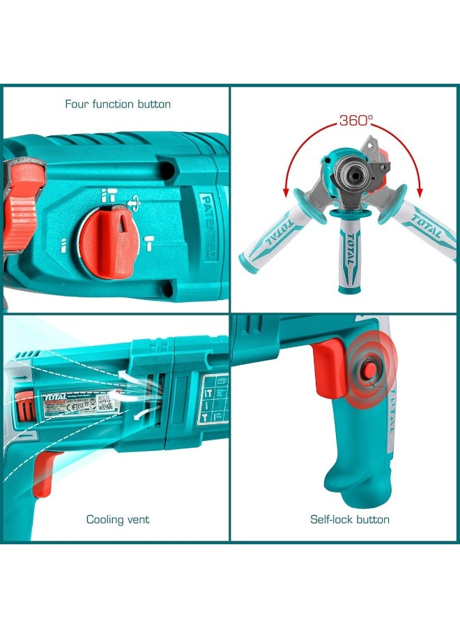 TOTAL TH308268-2 Rotary Hammer Drill 800W SDS Plus Electric Hammer Drill Machine with Impact Function Variable Speed 0-1100RPM 2.5J Industrial Power Tool Kit for Concrete Steel Wood Drilling Chiseling Demolition with Carry Case and Accessories - Image 3