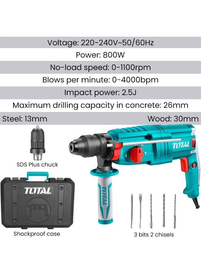 TOTAL TH308268-2 Rotary Hammer Drill 800W SDS Plus Electric Hammer Drill Machine with Impact Function Variable Speed 0-1100RPM 2.5J Industrial Power Tool Kit for Concrete Steel Wood Drilling Chiseling Demolition with Carry Case and Accessories - Image 4