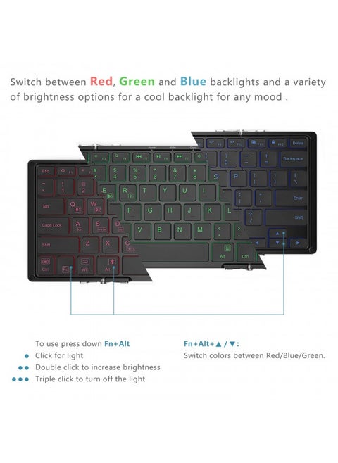 Iclever Bk05 Bluetooth Keyboard With 3-Color Backlight, Bluetooth 5.1 Multi-Device Foldable Keyboard With Aluminum Alloy Base For Ios Windows Android Tablets, Smartphones, Laptops, Pieces And More